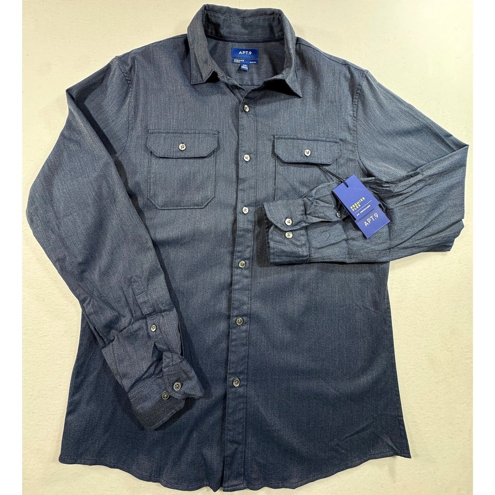 Apt‎ 9 Premier Flex Mens Medium Slim Indigo Blue LS Button Down Shirt NWT